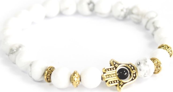 Lovrin Bransoletka Boho - Złota Hamsa - Biały Kamień