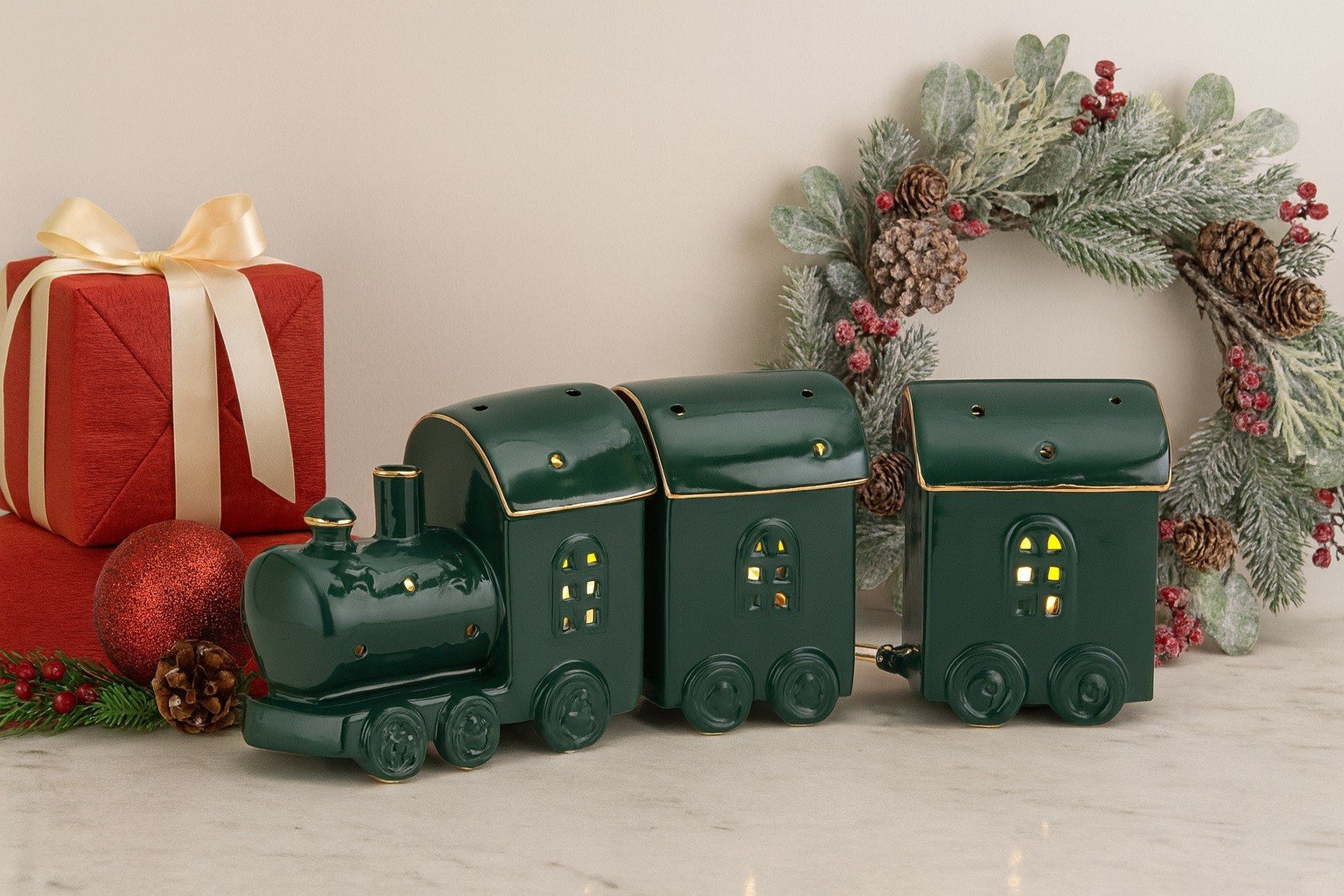 Pociąg ceramiczny zielono-złoty led