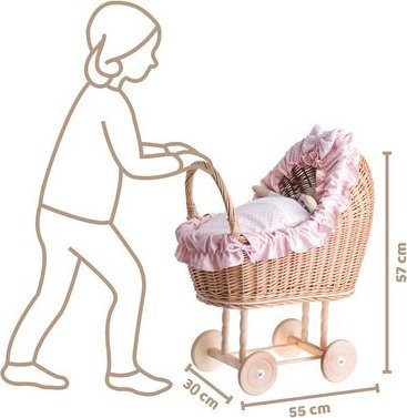 WickerPL LULU WIKLINOWY WÓZEK DLA LALEK Z POŚCIELĄ 55X30 H57 CM