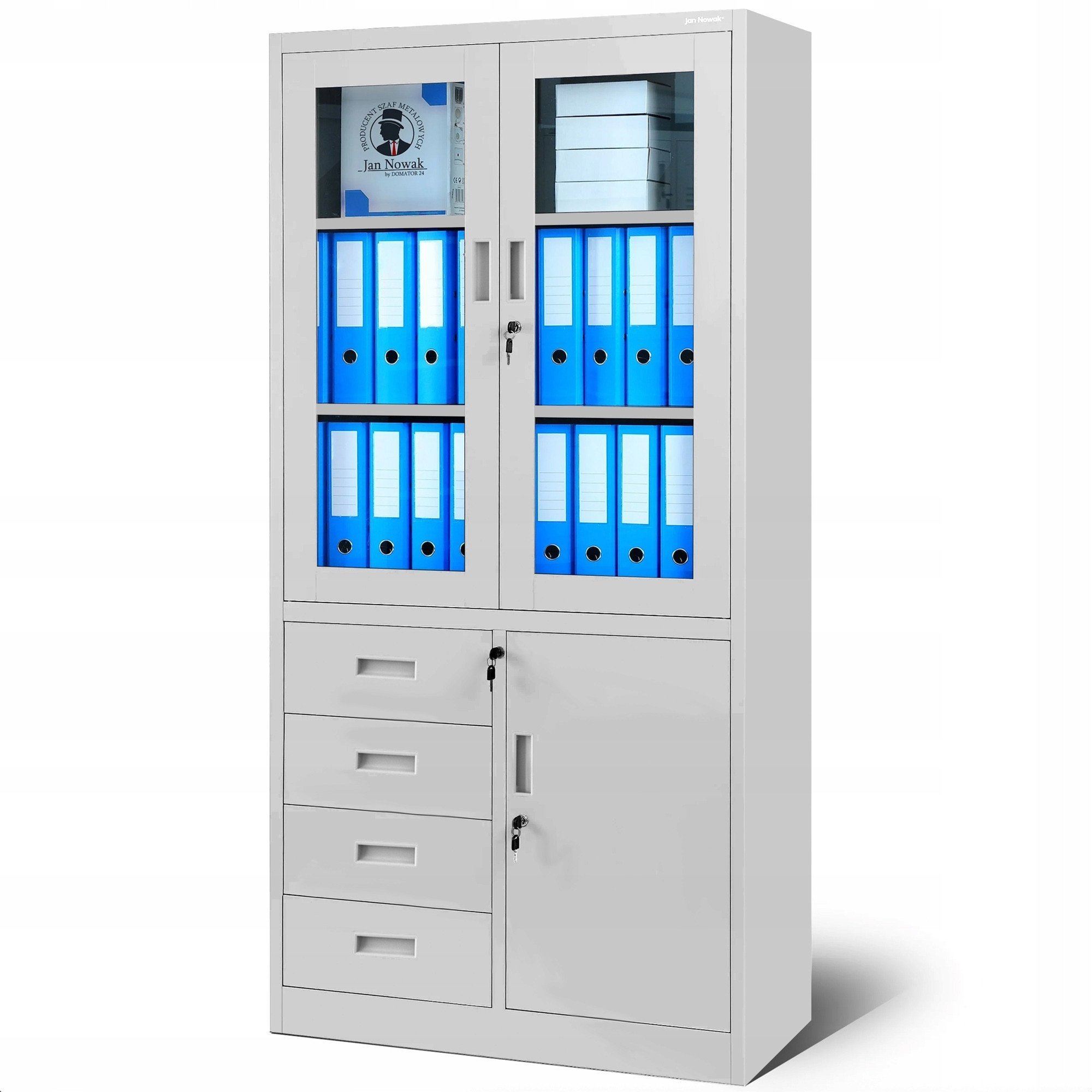 Biurowa przeszklona szafa z szufladami WIOLA, 900 x 1850 x 400 mm, szara