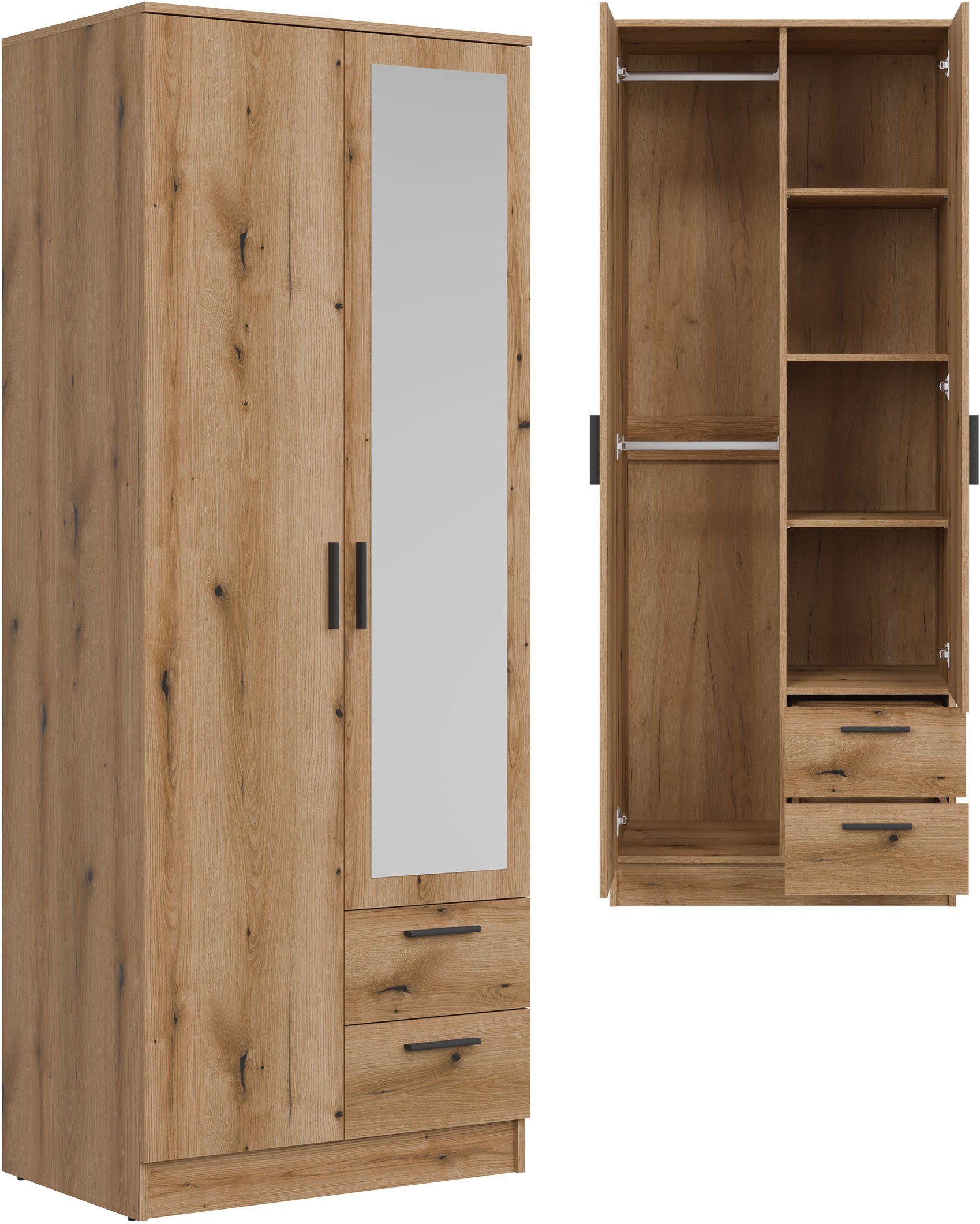 Szafa dwudrzwiowa z szufladami i lustrem wąska 80 cm dąb evoke MONTANA MT02