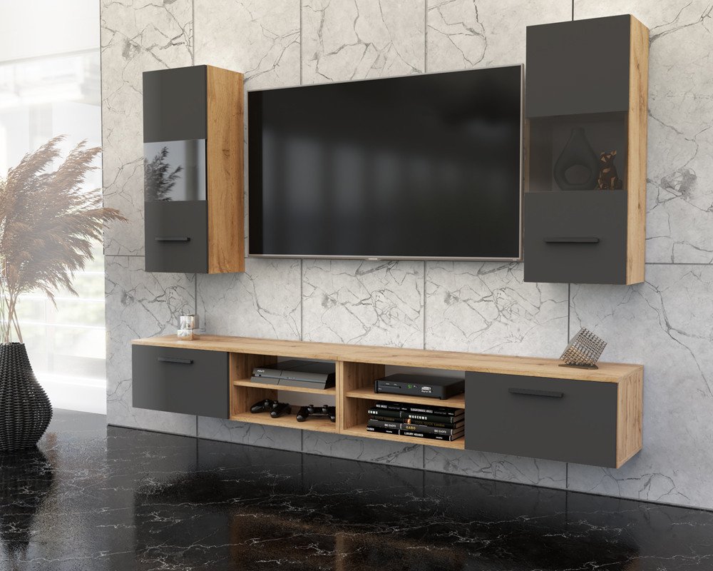 Meblościanka Wisząca Pojemna Szafka Rtv Do Salonu 240cm Dąb Wotan Szary