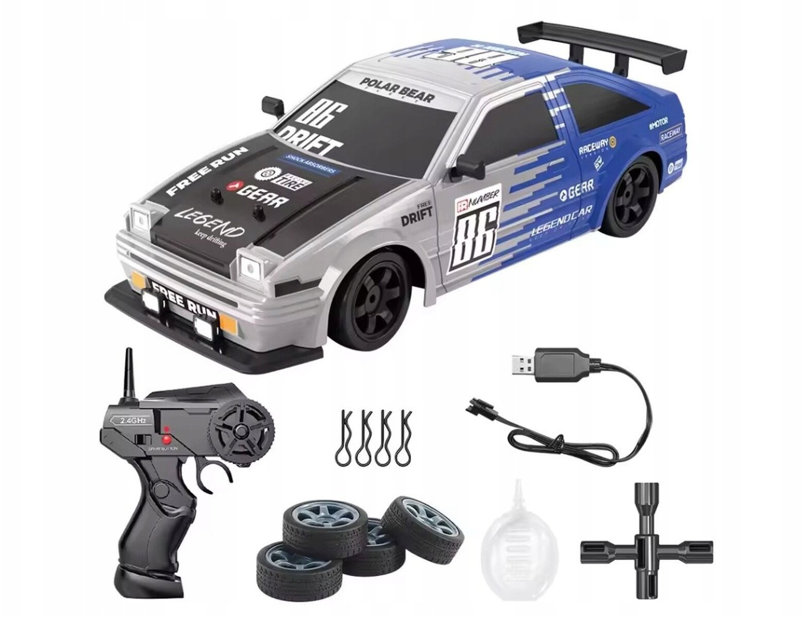 DUŻY Samochód Do Driftu Auto RC Drift 1:16 2,4 GHz PARA DYM Srebrna Toyota 4WD LED