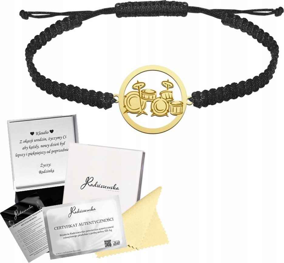 Radziszewska Jewellery ZŁOTA Bransoleta Męska PERKUSJA Makrama SREBRO 925 Prezent GRAWER GRATIS