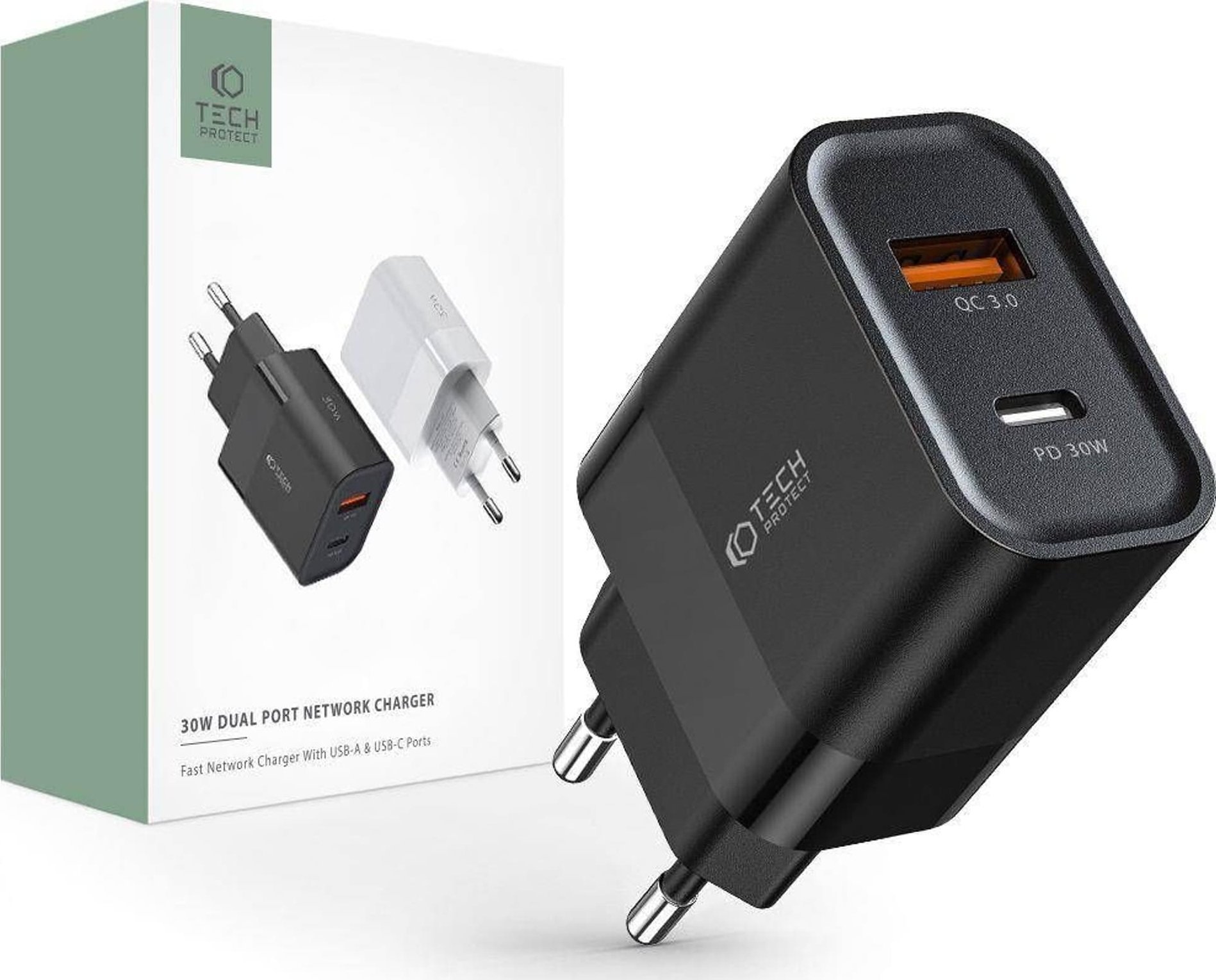 Ładowarka Sieciowa 30W USB QC3.0 + USB-C PD Tech-Protect C30W czarny