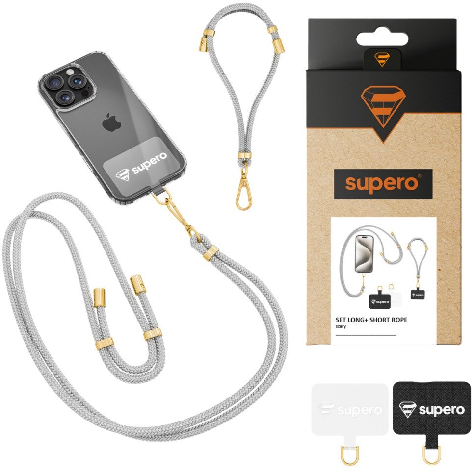 Smycz do telefonu Supero Set Long + Short Rope, szara, 2szt.