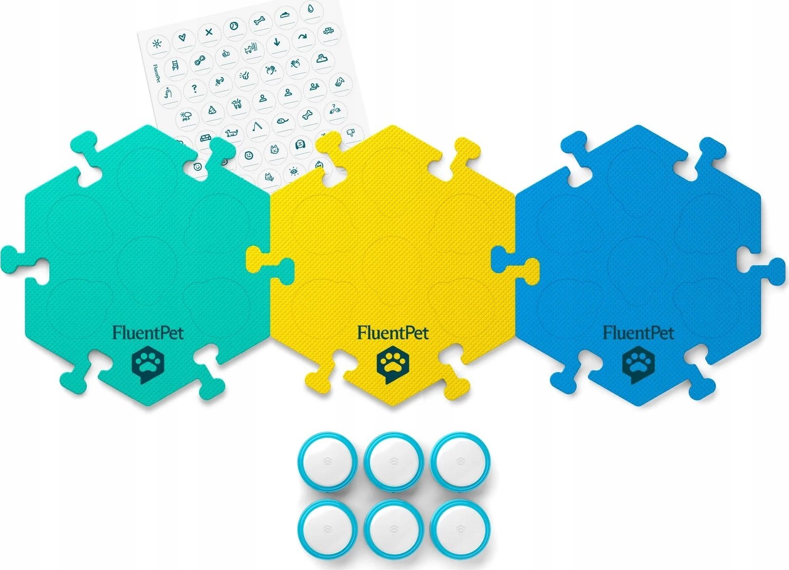 FluentPet - Connect Get Started Expansion Kit - zestaw 6 przycisków z piankowymi matami oraz naklejkami do komunikacji z psem / kotem do systemu Conne