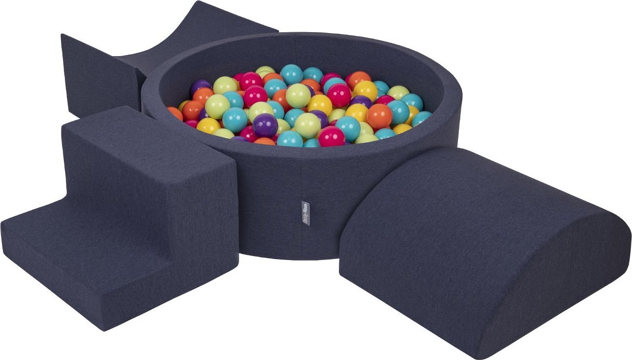 KiddyMoon Piankowy plac zabaw PPZP-OK30D-134 z piłeczkami granatowy: jasny zielony-żółty-turkus-pomarańcz-ciemny róż-fiolet basen 200/rampa L/półwałek