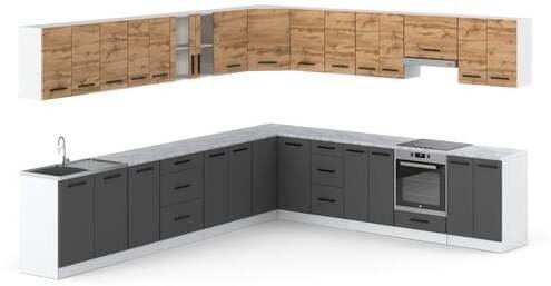 Meble Kuchenne Szare Z Drewnem Narożne Kuchnia Rossa 6.8m Dąb Wotan Szara