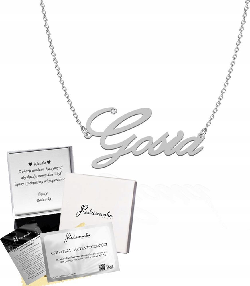 Radziszewska Jewellery Naszyjnik Srebrny z imieniem GOSIA Łańcuszek 925 Prezent TABLICZKA GRATIS
