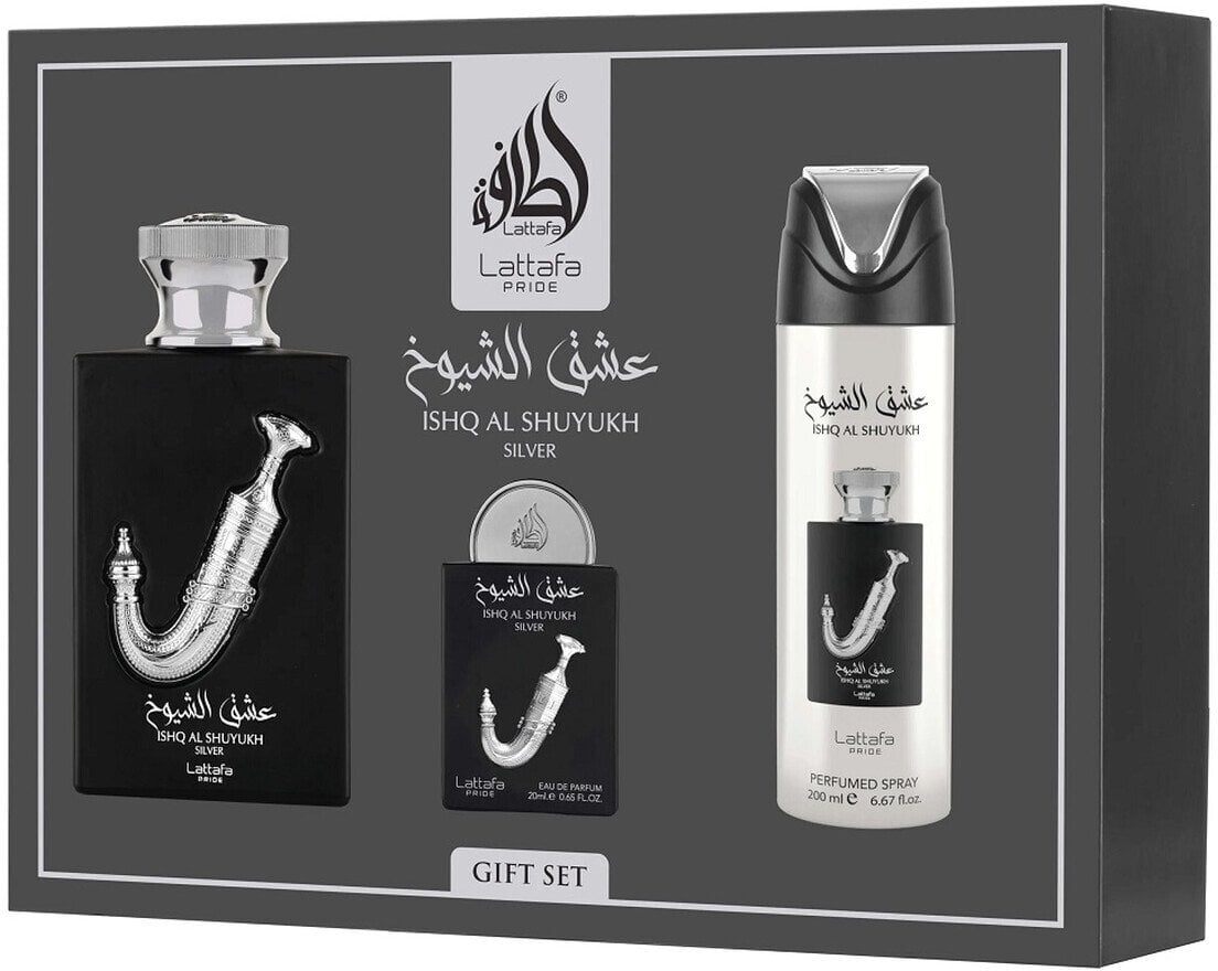 Lattafa Ishq Al Shuyukh Zestaw woda perfumowana spray 100ml + woda perfumowana spray 20ml + dezodorant spray 200ml
