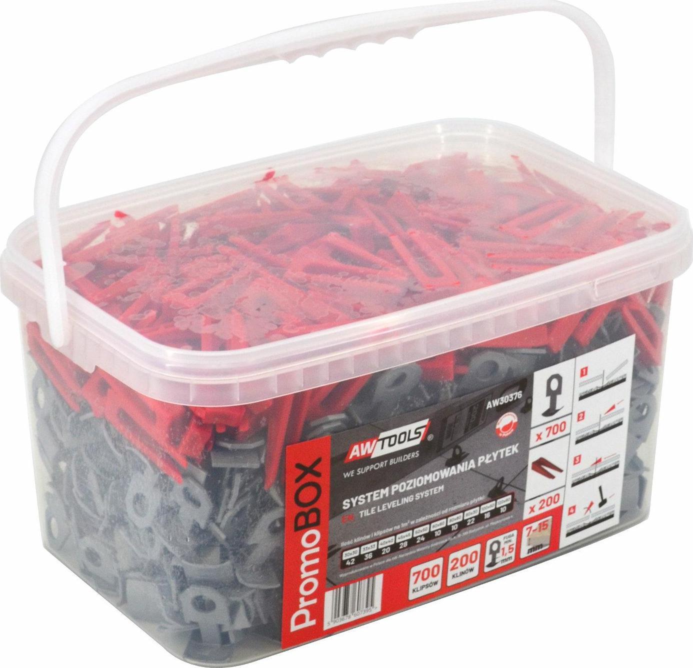 AWTools AWTOOLS SYSTEM POZIOMOWANIA PŁYTEK PROMO BOX 1,5mm - 7-15mm - KLIPS 700szt. + KLIN 200szt. AW30376