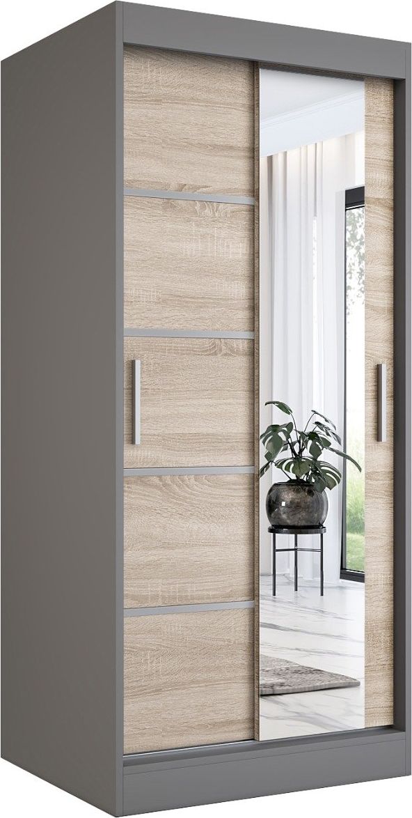 MKPOL Szafa przesuwna MODUO COMFORT 2 90 antracyt/dąb sonoma z lustrem