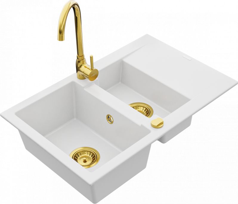 Zlewozmywak Mexen Mexen Gaspar zlewozmywak granitowy 1,5-komorowy z ociekaczem i baterią kuchenną Telma, biały - 6507-20-670200-50