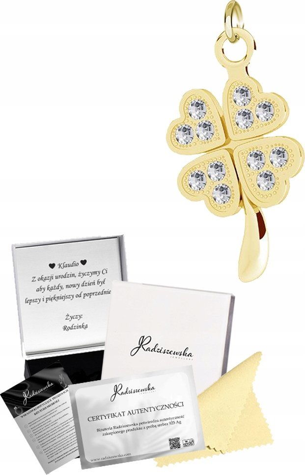 Radziszewska Jewellery Złota Zawieszka Koniczyna na Szczęście SREBRO 925 Prezent DEDYKACJA GRATIS