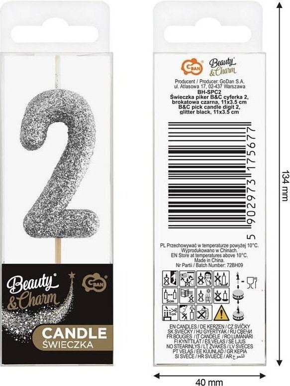 Świeczka piker 2 czarna brokatowa 11x3.5 cm