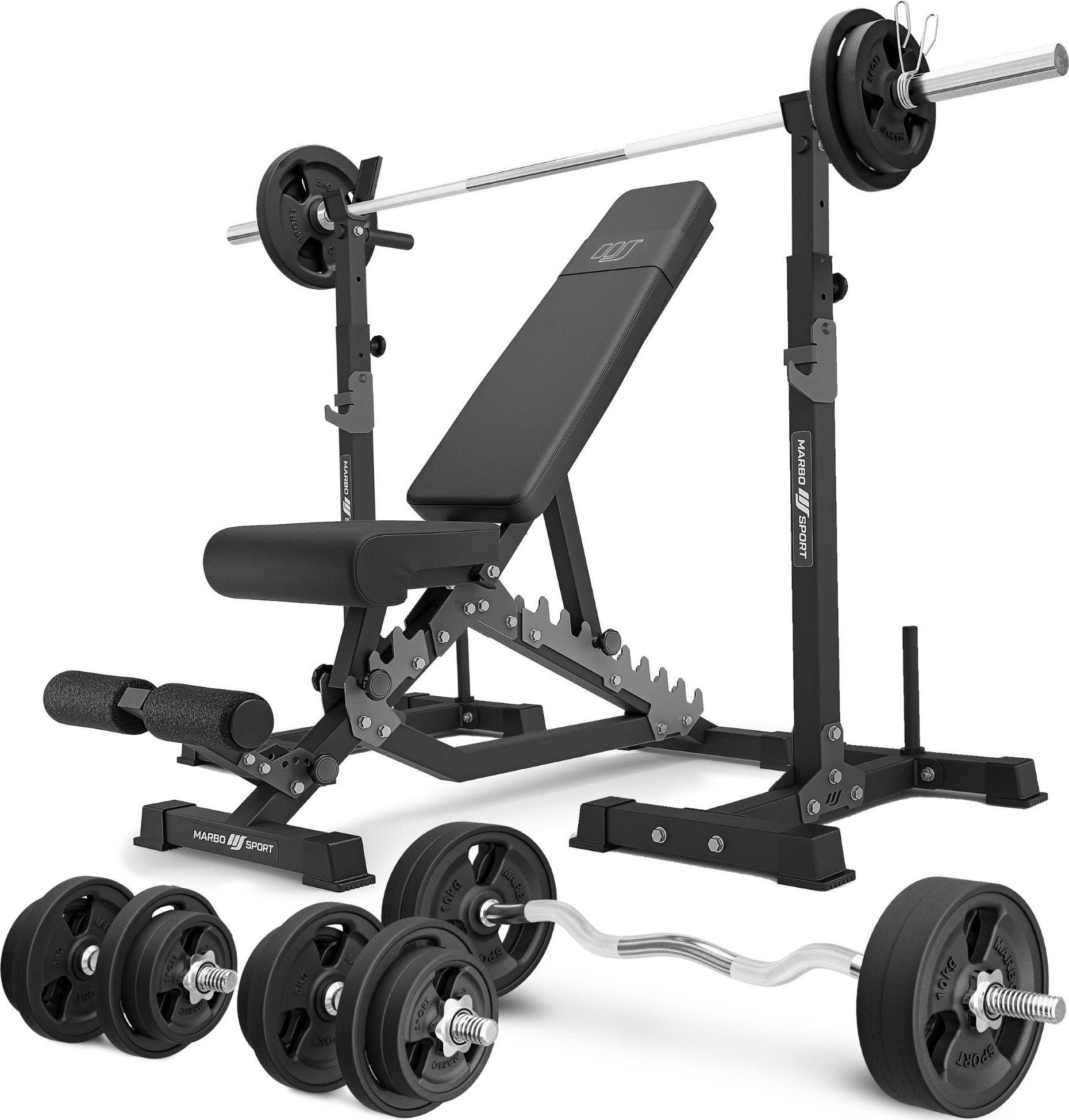 Zestaw MS34_2.0_113KG_G | Ławka dwustronna + wielopoziomowe stojaki (2 sztuki) pod sztangę z asekuracją + zestaw gryfów i obciążeń gumowanych 113 kg