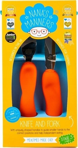Nana`s Manners Nana's Manners, ETAP 3, Sztućce do samodzielnego jedzenia, widelec i nóż, pomarańczowe, 3-9 lat