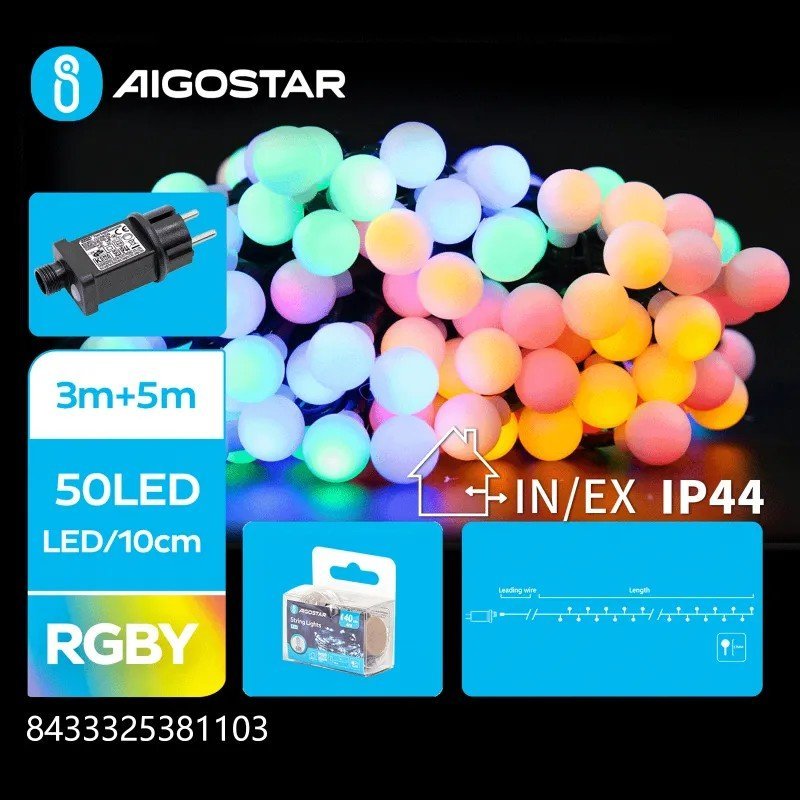 Lampki choinkowe Aigostar Niskonapięciowe zewnętrzne lampki kulki 50led RGBY 5m fi17mm Niskonapięciowe zewnętrzne lampki kulki 50led RGBY 5m fi17mm