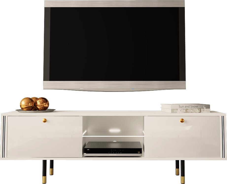 MEGSTYL SZAFKA RTV Z ZŁOTYMI ZDOBIENIAMI - CRISTAL 1 biały mat - biały połysk