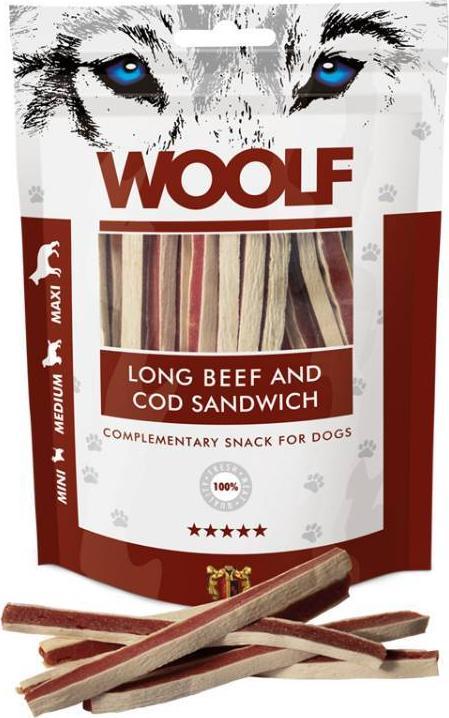 WOOLF Woolf Przysmak Pies Long Beef&Cod Sandwich - Wołowina z Dorszem paski, 100g