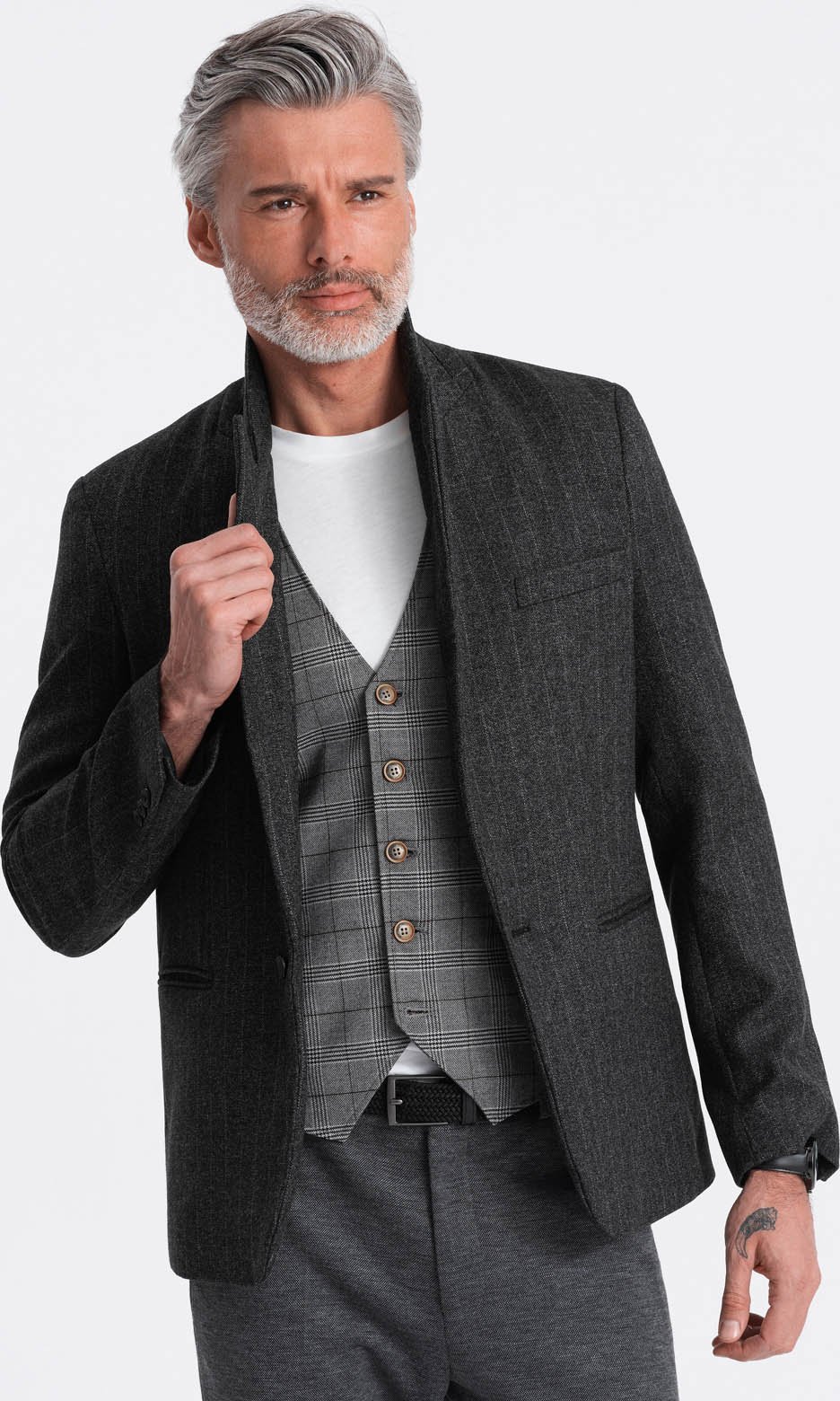 Ombre Stylowa żakardowa marynarka męska w delikatne prążki - grafitowa V1 OM-BLZB-0113 L