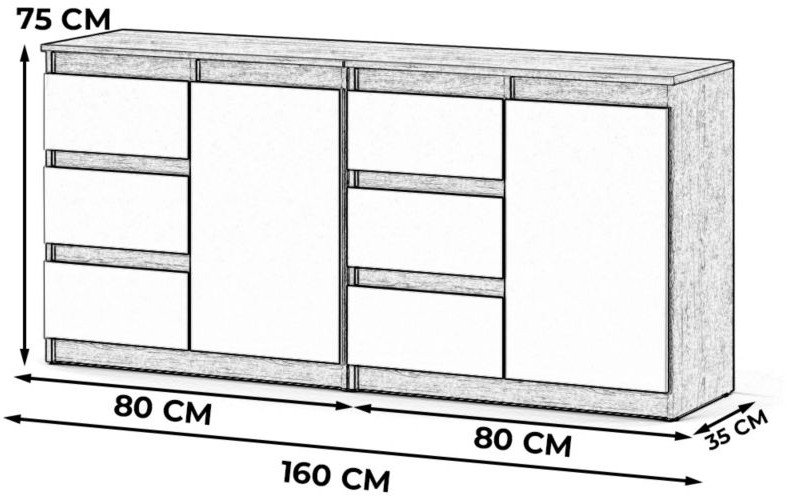 Komoda Biała 160cm Pojemna Nowoczesna Szafka Do Sypialni Salon 6 Szuflad