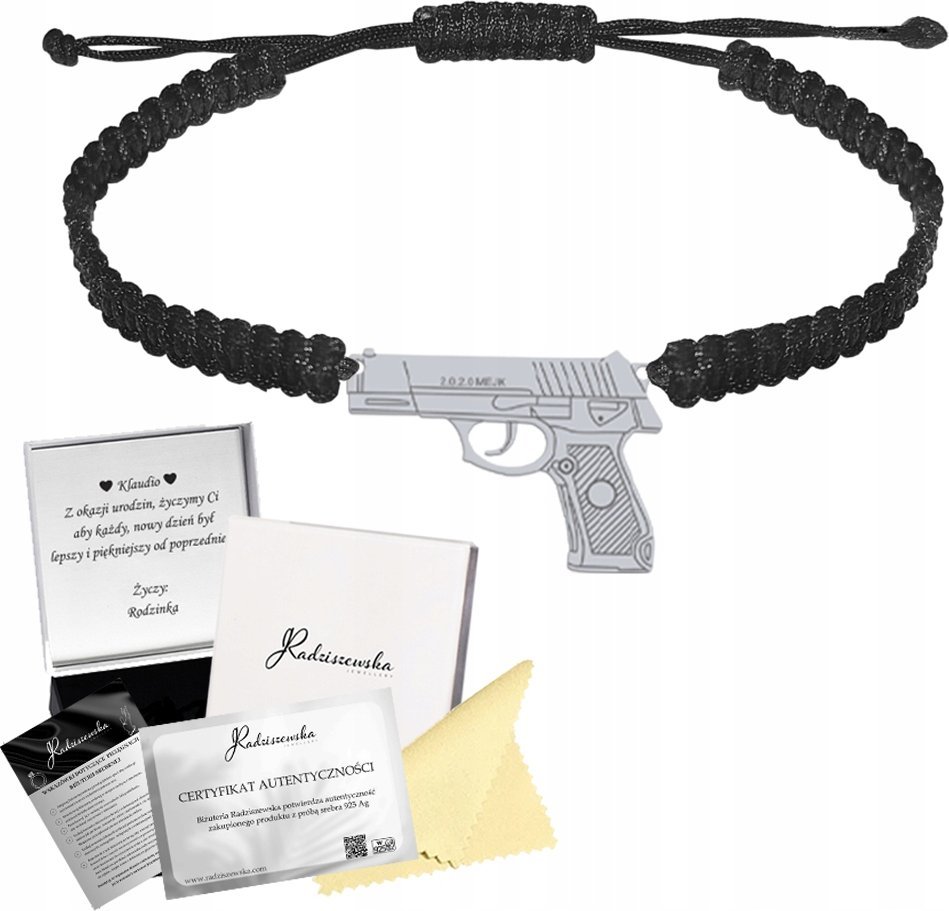Radziszewska Jewellery Bransoletka Srebrna Pistolet Makrama 925 Prezent Kobieta GRAWER GRATIS