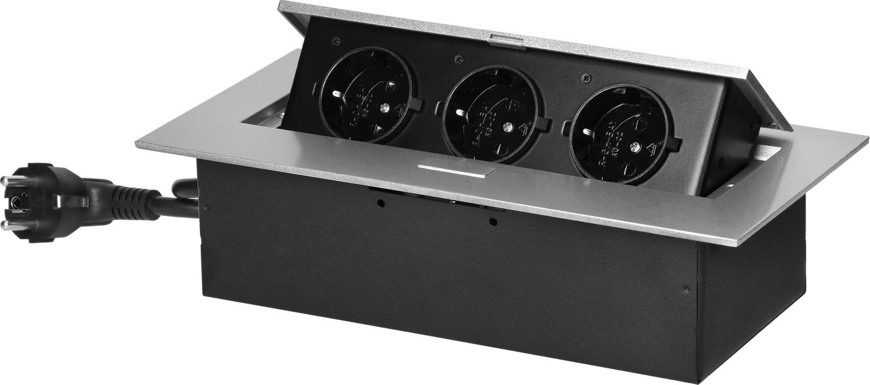 Orno Gniazdo meblowe wpuszczane w blat z płaskim rantem i przewodem 1,5m, 3x2P+Z (Schuko), srebrne