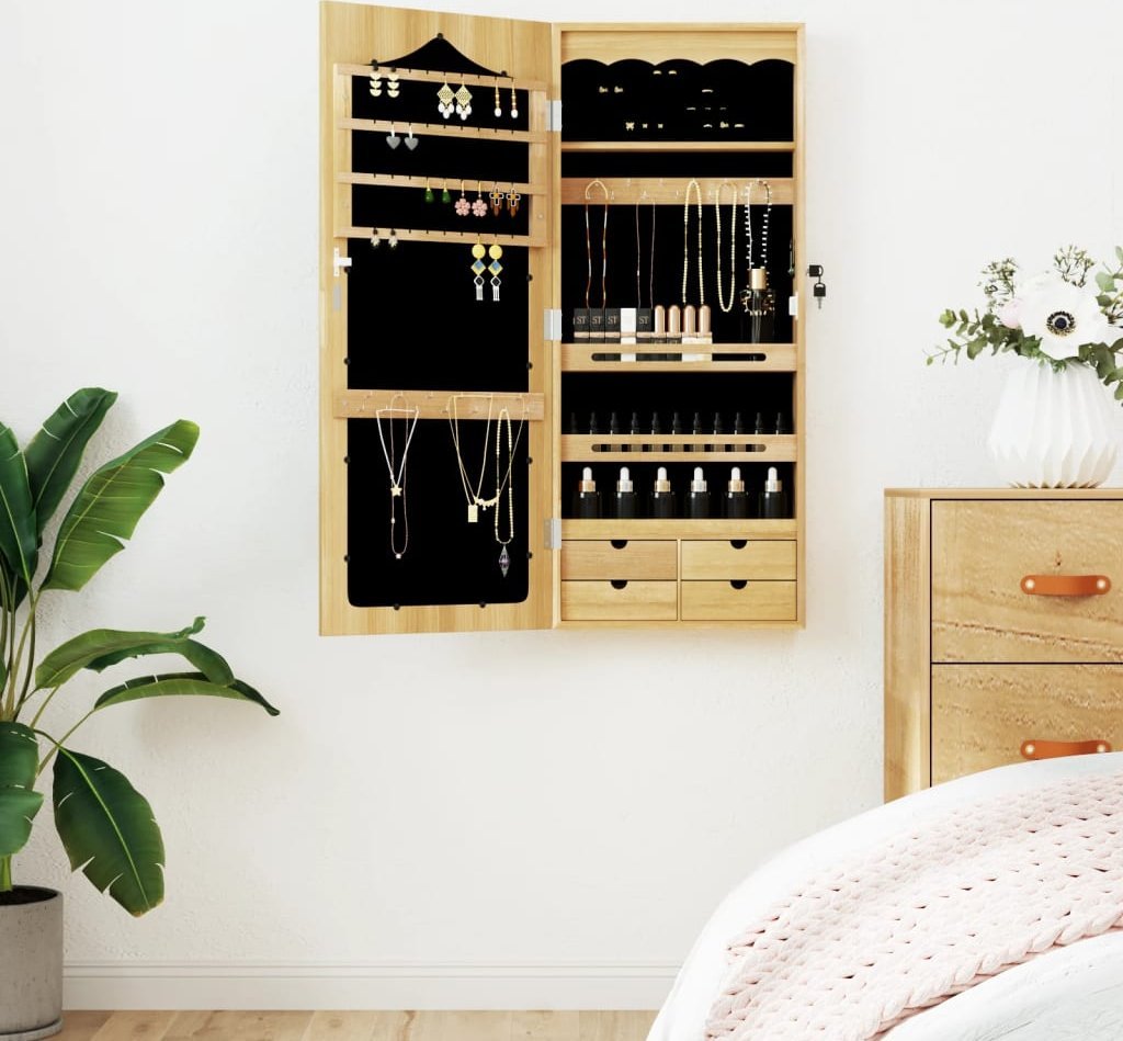 vidaXL Wisząca szafka na biżuterię, z lustrem, 37,5x10x90 cm