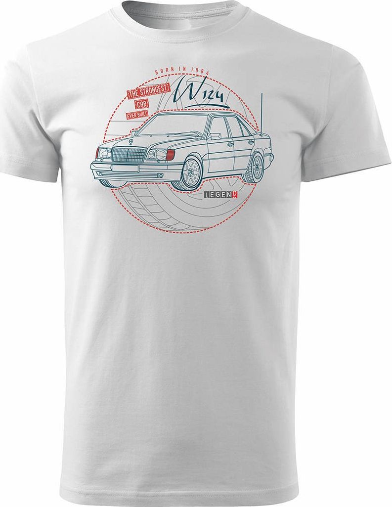 Topslang Koszulka motoryzacyjna z samochodem Mercedes E W124 męska biała REGULAR L