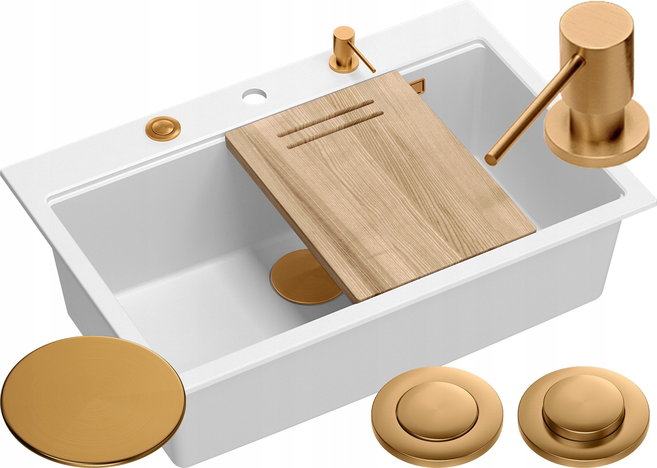 Zlewozmywak GraniteQ Zlewozmywak granitowy MARC 1-komorowy 76x50 cm biały/snow white + Nano MIEDŹ PVD