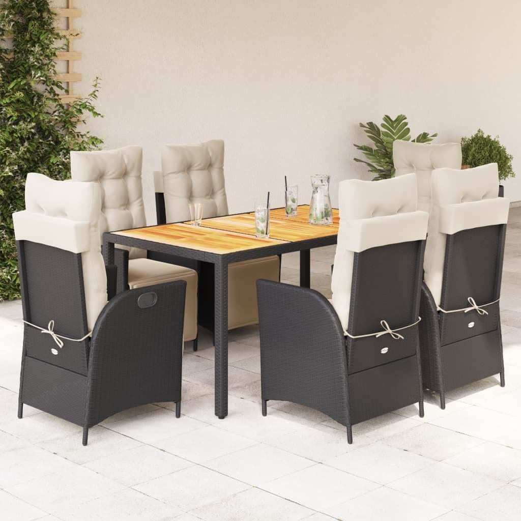 vidaXL VidaXL 7 Piece Patio Dining Set with Cushions Black Poly Rattan