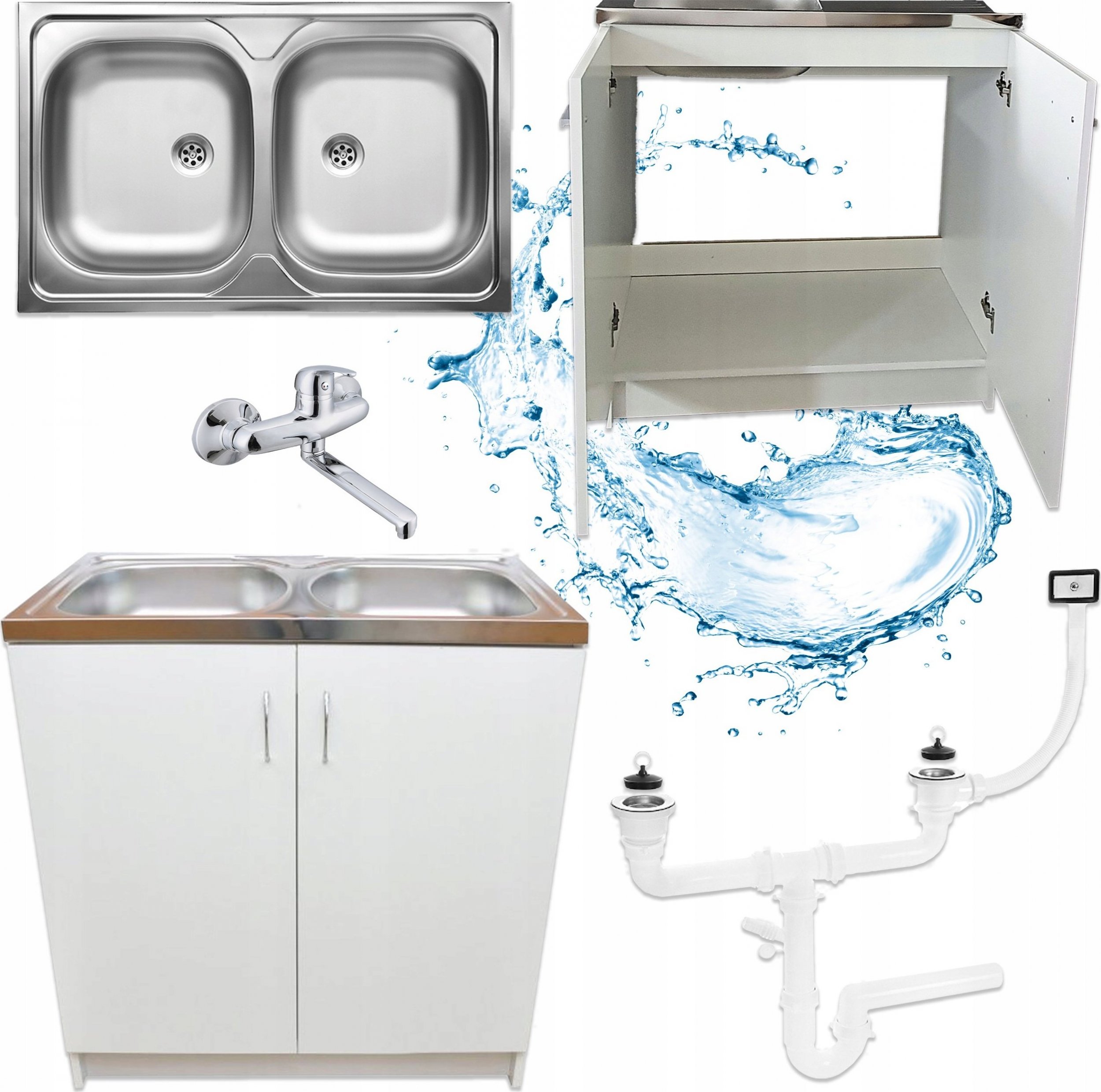 Stamar Szafka Kuchenna Biała Zlew 2 Komory 80 x 50 + Bateria Ścienna Chrom + Syfon