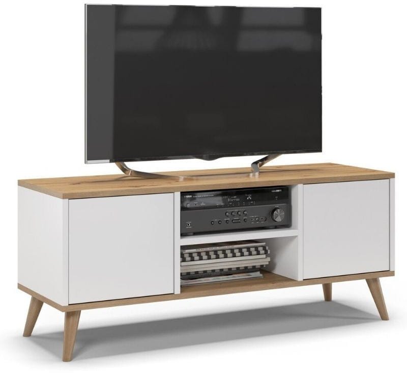 Szafka rtv, skandynawski styl, SKAND, 120x40x50 cm, dąb, biały, mat | TYLETEGOTU