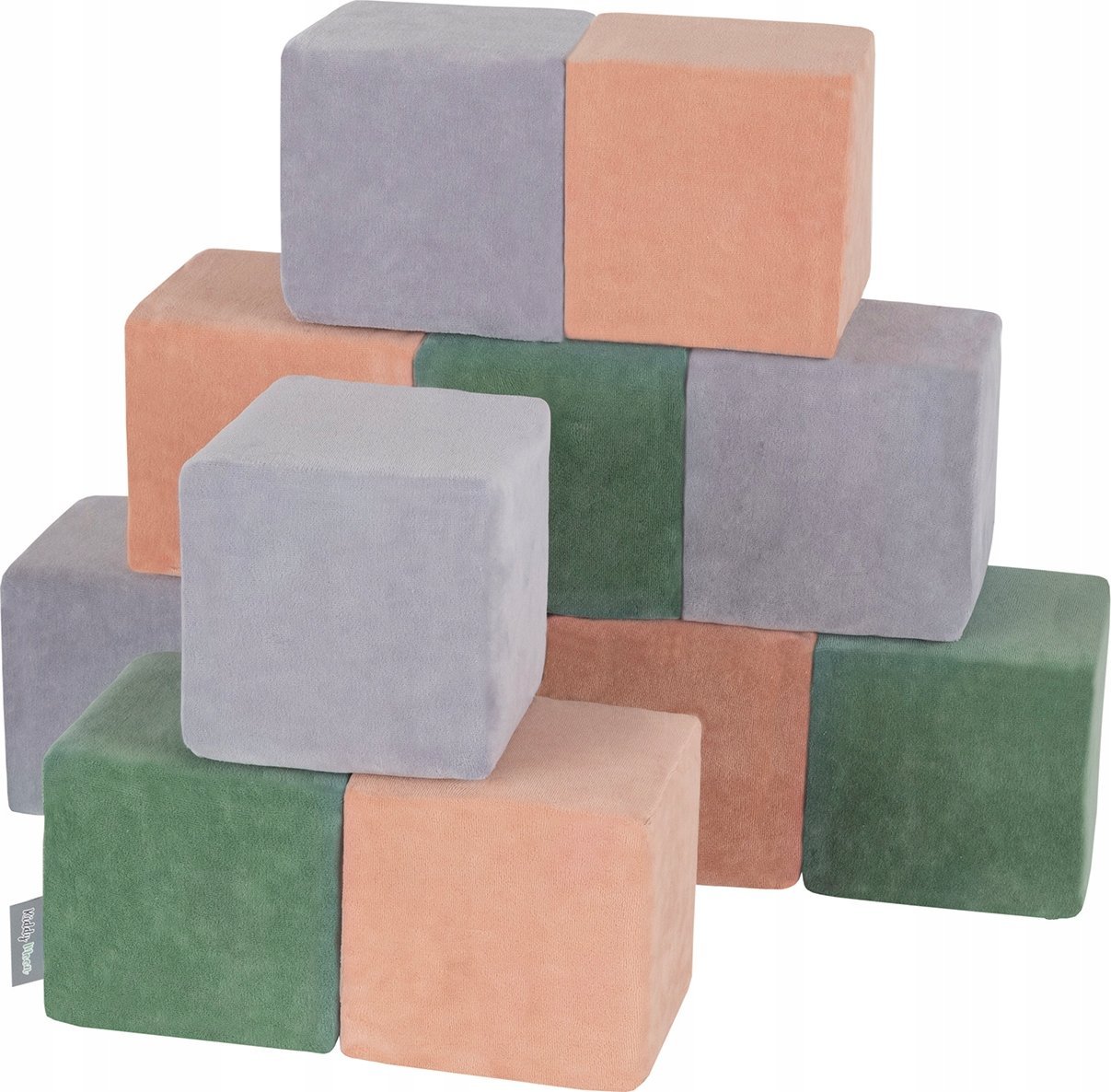 KiddyMoon KiddyMoon Miękkie klocki VELVET 14cm sześciany: zieleń lasu-róż pustyni-szarość gór 12 Zabawka klocki z pianki
