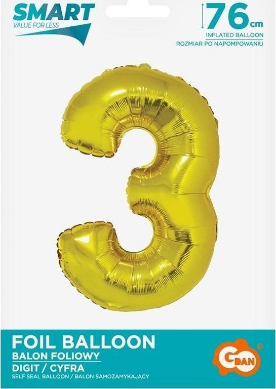 GoDan Balon foliowy cyfra 3 złota Smart 76cm