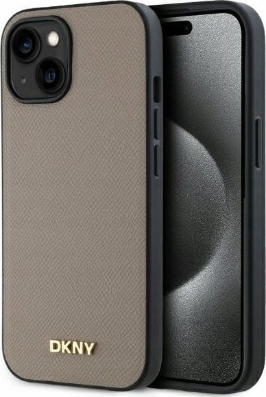 DKNY DKHMP15SPGHLME iPhone 15 6.1" beige/beige hardcase Grained Metal Logo MagSafe