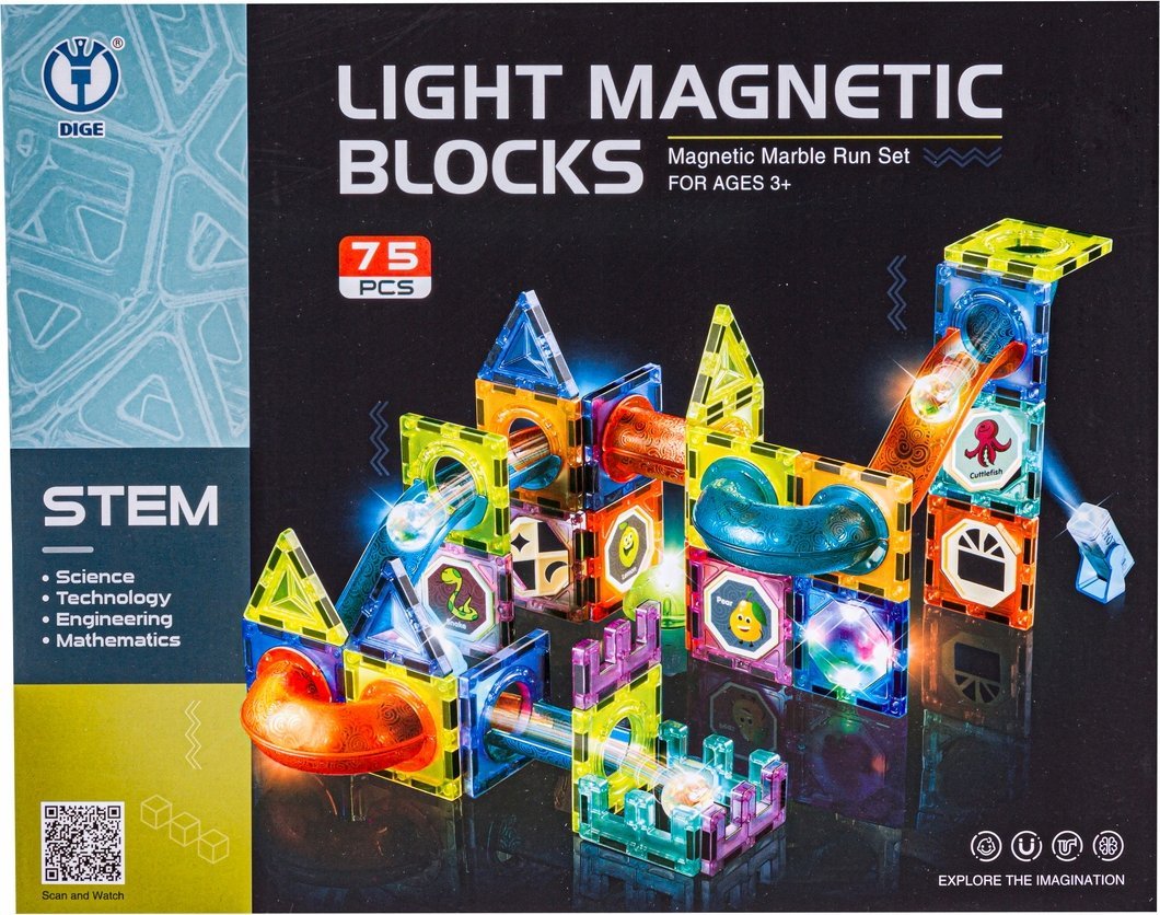 Świecące Klocki Magnetyczne, Tor Kulkowy Dla Kulek 75 Elementów Kulodrom