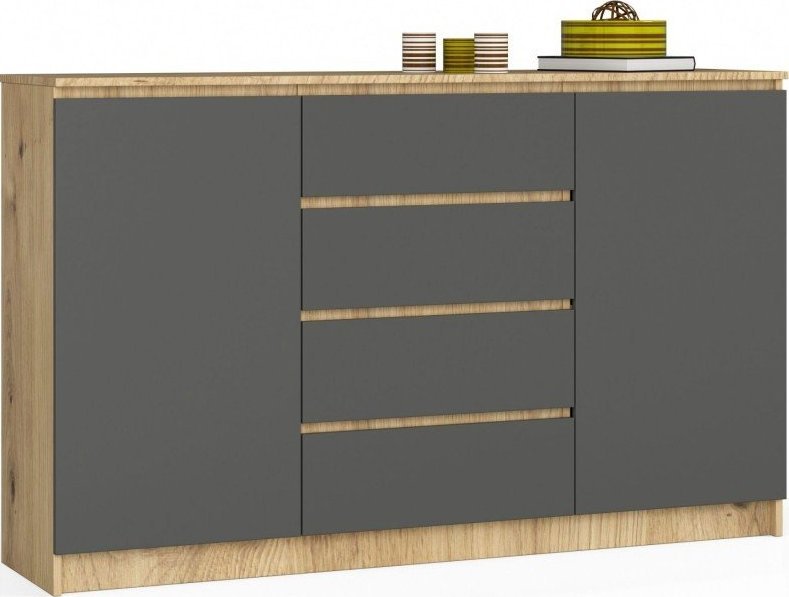 Fabryka Mebli Akord Komoda K 160 cm 2 drzwi 4 szuflady - dąb artisan-grafit szary