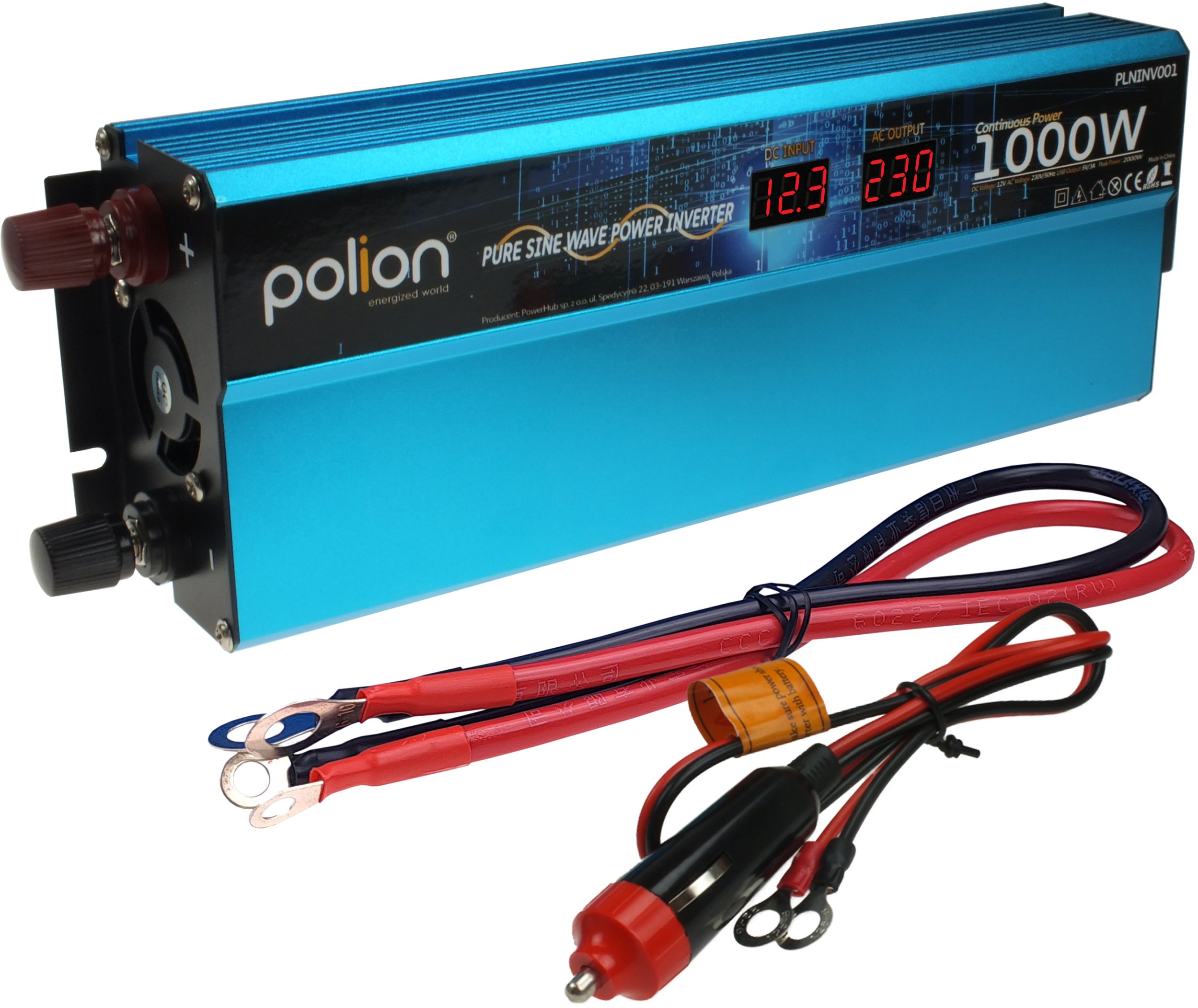 Przetwornica samochodowa 12V/230V 1000W czysty sinus, LCD