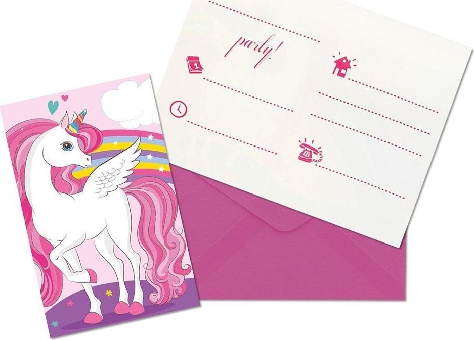Zaproszenia z kopertami Unicorn Rainbow 6szt