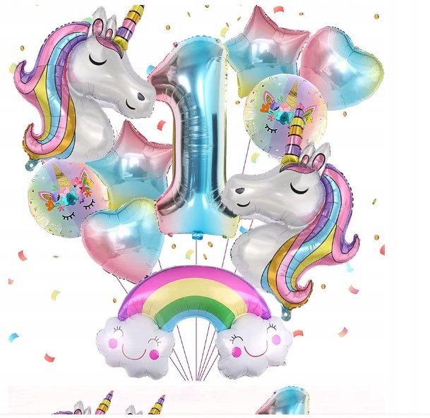 Balony na 1 urodziny JEDNOROŻEC Zestaw 10 Balonów foliowych CYFRA 1 - 70cm