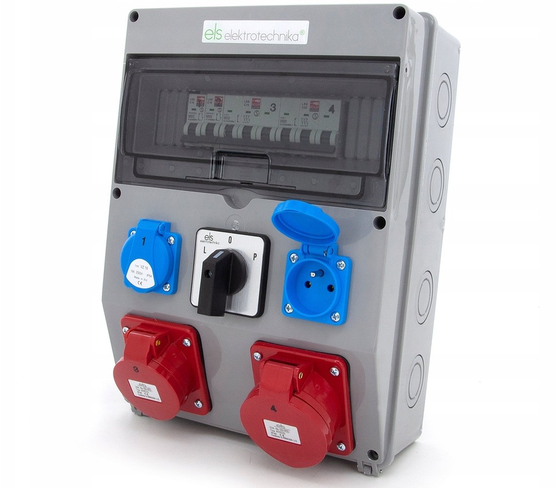 Rozdzielnia budowlana 32A/4 + 16A/4 + 2*GS 230V + zabezpieczenia + wyłącznik L-0-P, 12NO22C11C11CLP