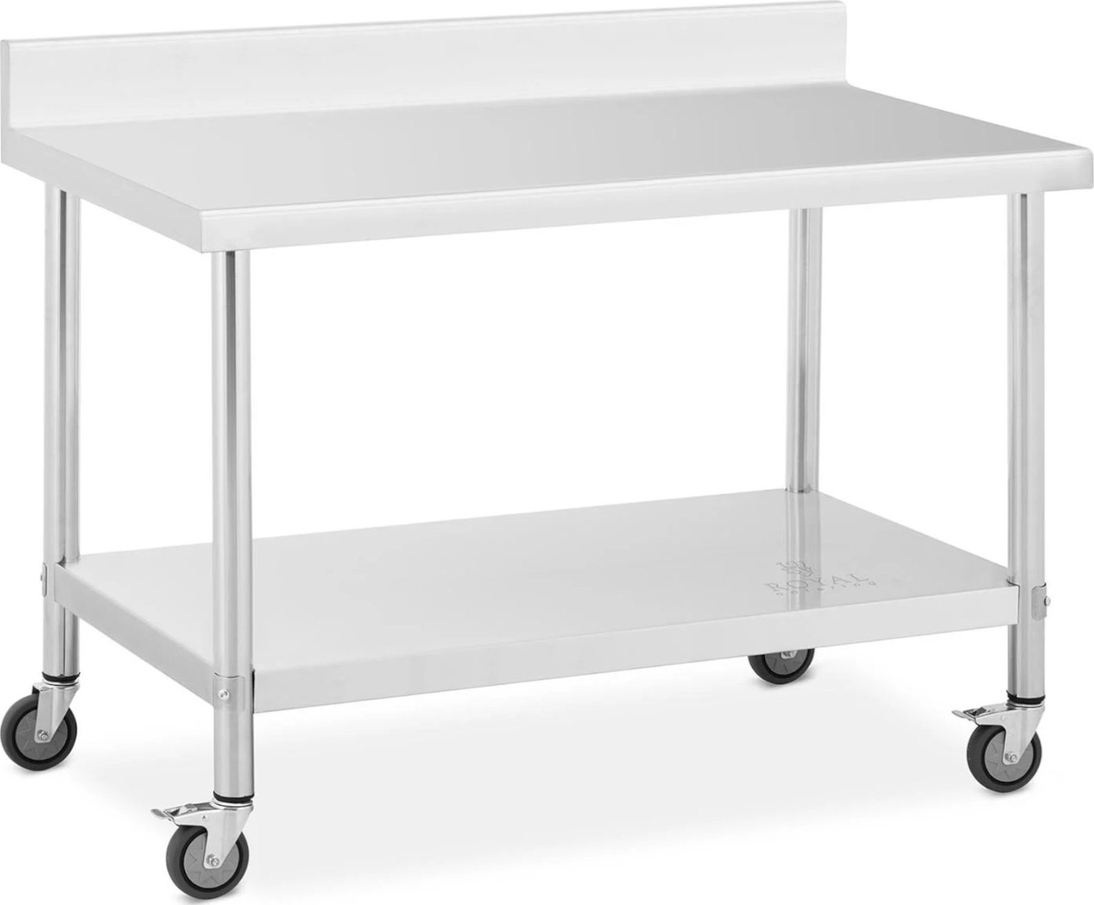 Royal Catering Stół metalowy gastronomiczny na kółkach z półką i rantem STAL 70 x 120 cm Stół metalowy gastronomiczny na kółkach z półką i rantem STAL