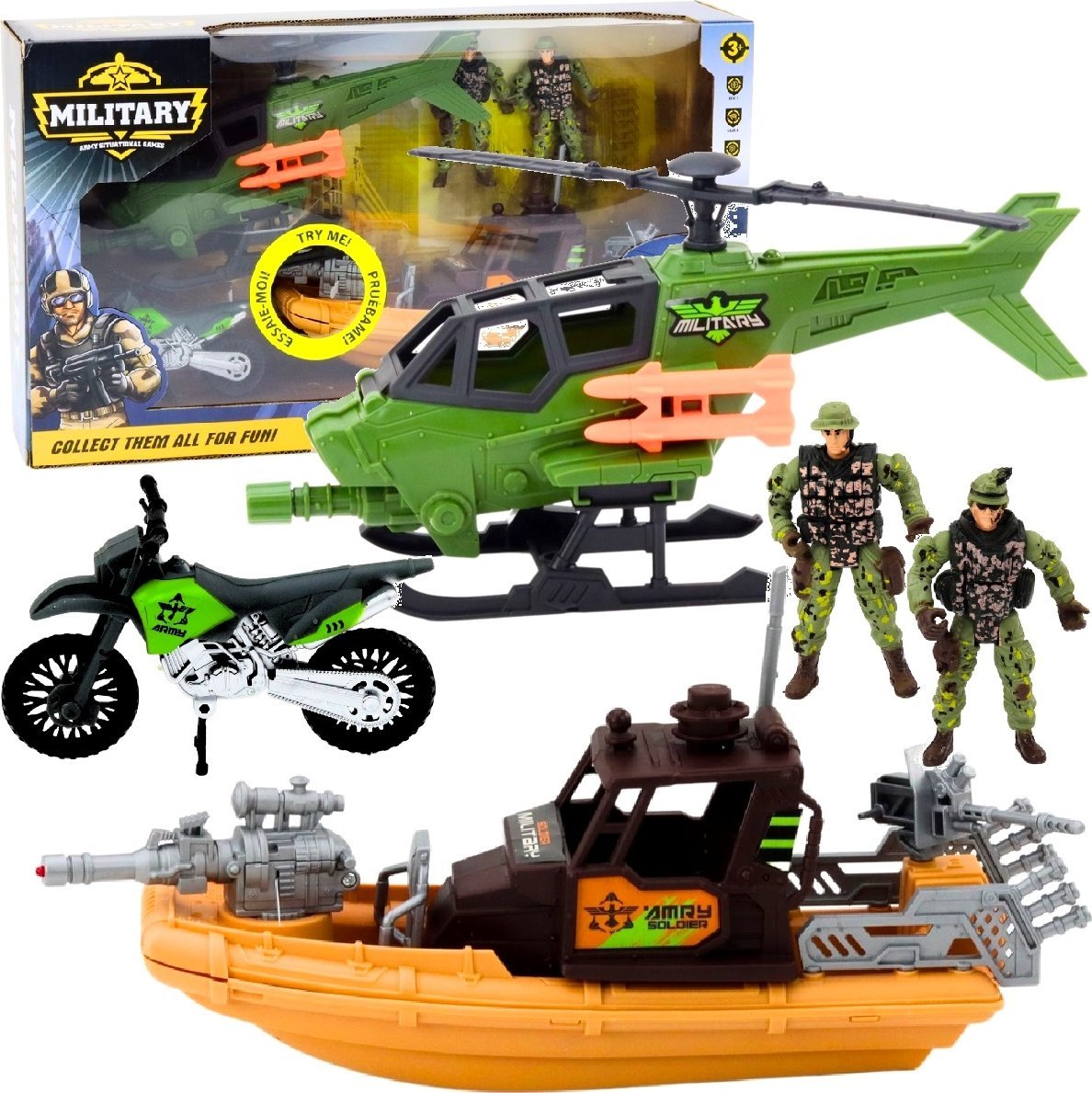 Qulki Zestaw Militarny Łódź zwiadowcza Motor Helikopter Wojsko Żołnierze Figurki