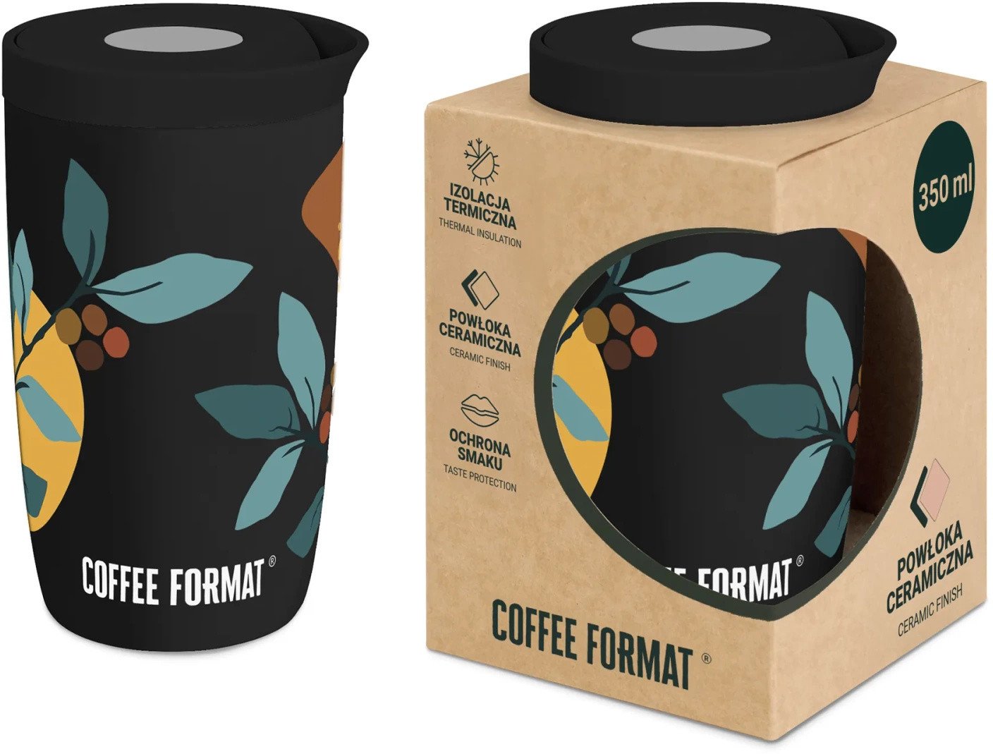 Coffee Format Czarny kubek termiczny z motywem roślin 350 ml