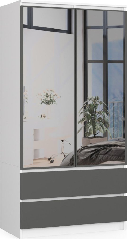 Fabryka Mebli Akord Szafa S 90 cm 2 drzwi 2 szuflady 2 lustra - biała-grafit szary