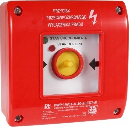 Spamel Ręczny przycisk przeciwpożarowego wyłącznika prądu PWP1 (1NC) z młoteczkiem i z certyfikatem CNBOP - 2LED zielony/czerwony 230V