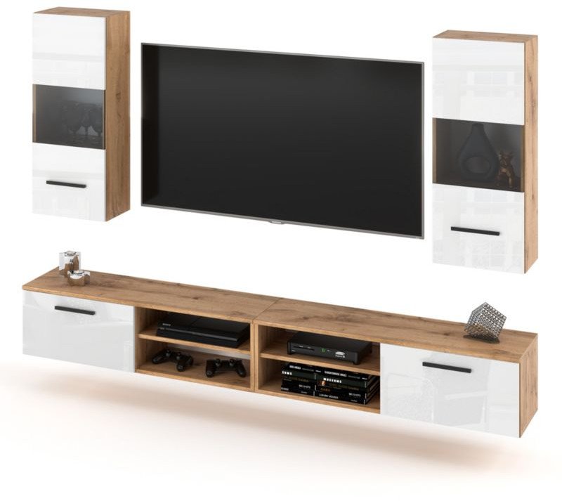 Meblościanka Wisząca Do Salonu 240cm Pojemna Szafka Rtv Wotan Biała Połysk